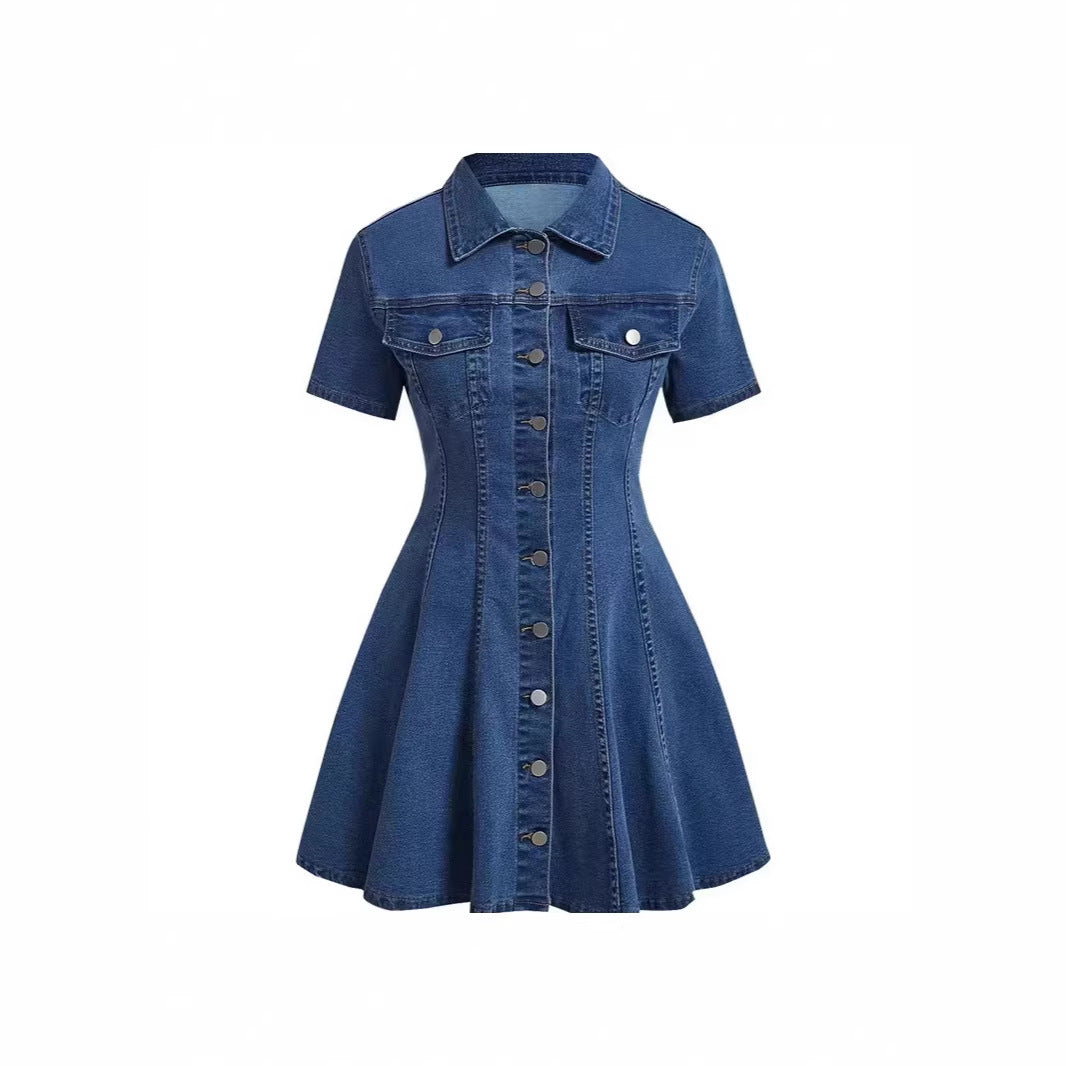 Western-style denim short-sleeve open-front fitted dress for women