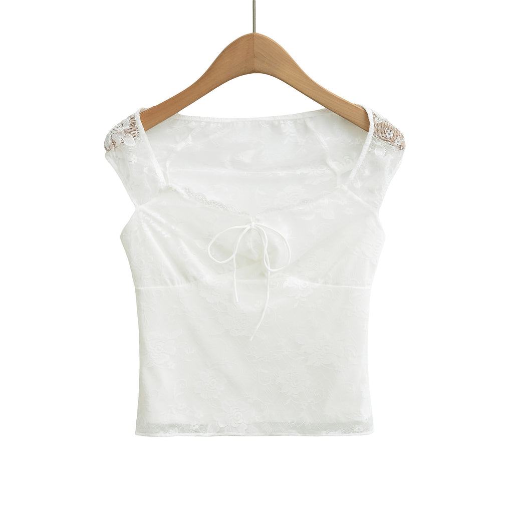 Seductive Design White Lace Square Neck Short Sleeve T-Shirt for Women,