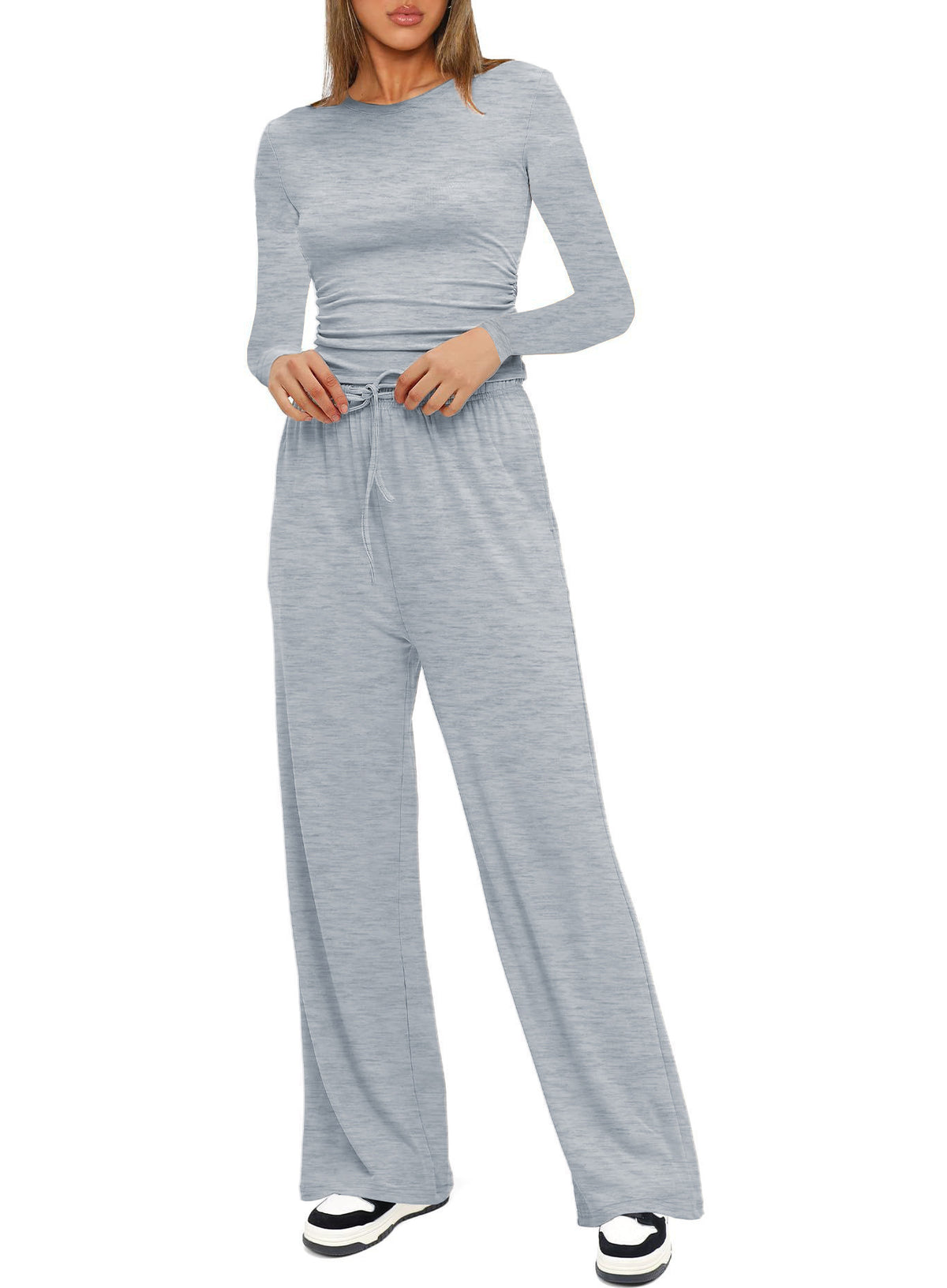 Casual Set Pleated Design Solid Color Long Sleeve Top High Waist Wide Leg Pants Sportswear