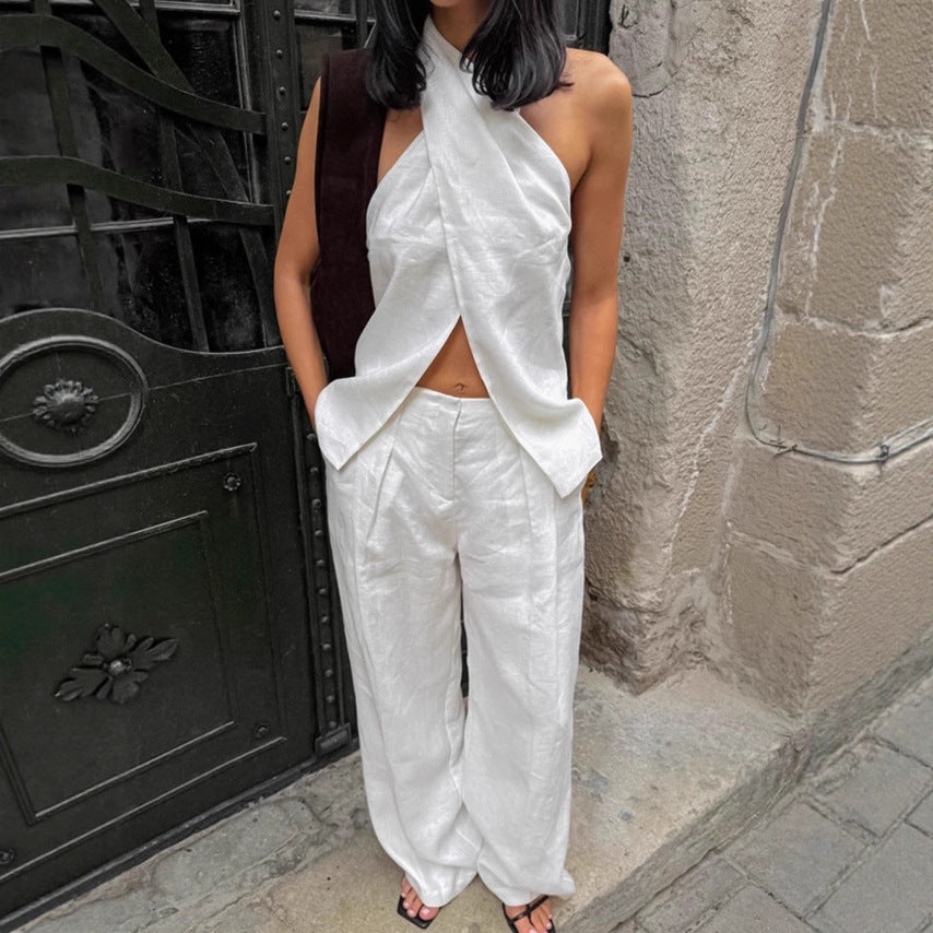White Off-the-Shoulder Top and Pants Set for Women - Simple Casual Vest and Long Pants Two-Piece Outfit