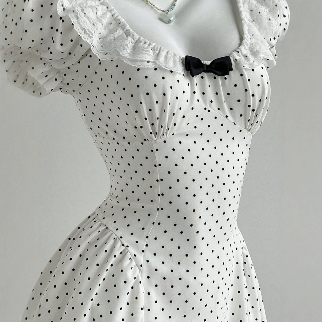 Wave dot bubble sleeve bow dress