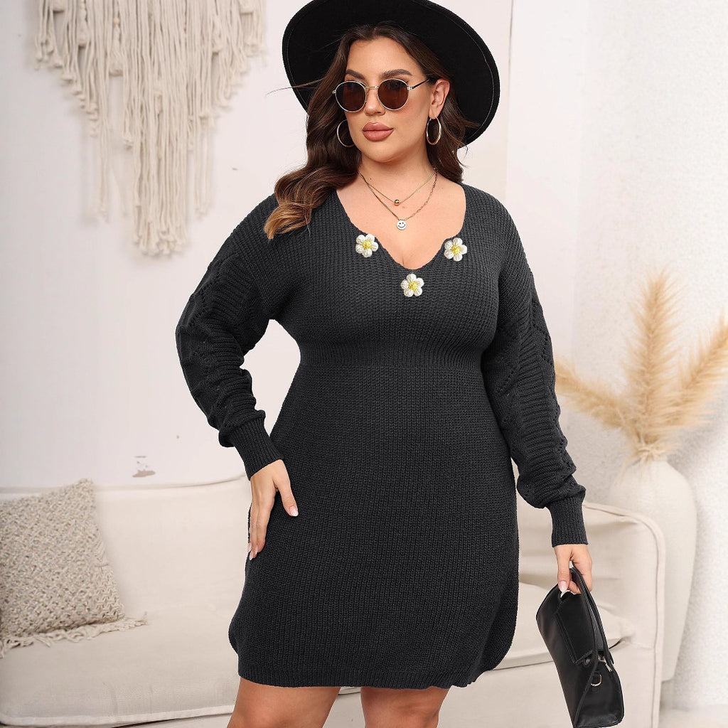 V-neck woven woolen dress with hand hook flower splicing waist cinching dress