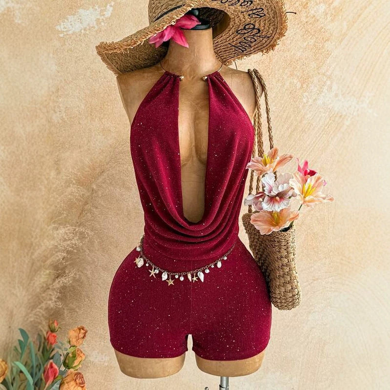 Halter Neck Fitted Short Jumpsuit for Women