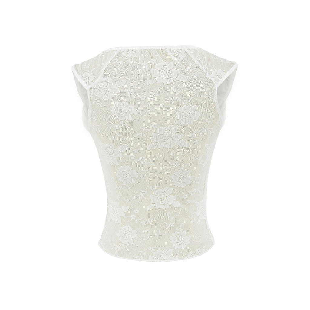 Seductive Design White Lace Square Neck Short Sleeve T-Shirt for Women,
