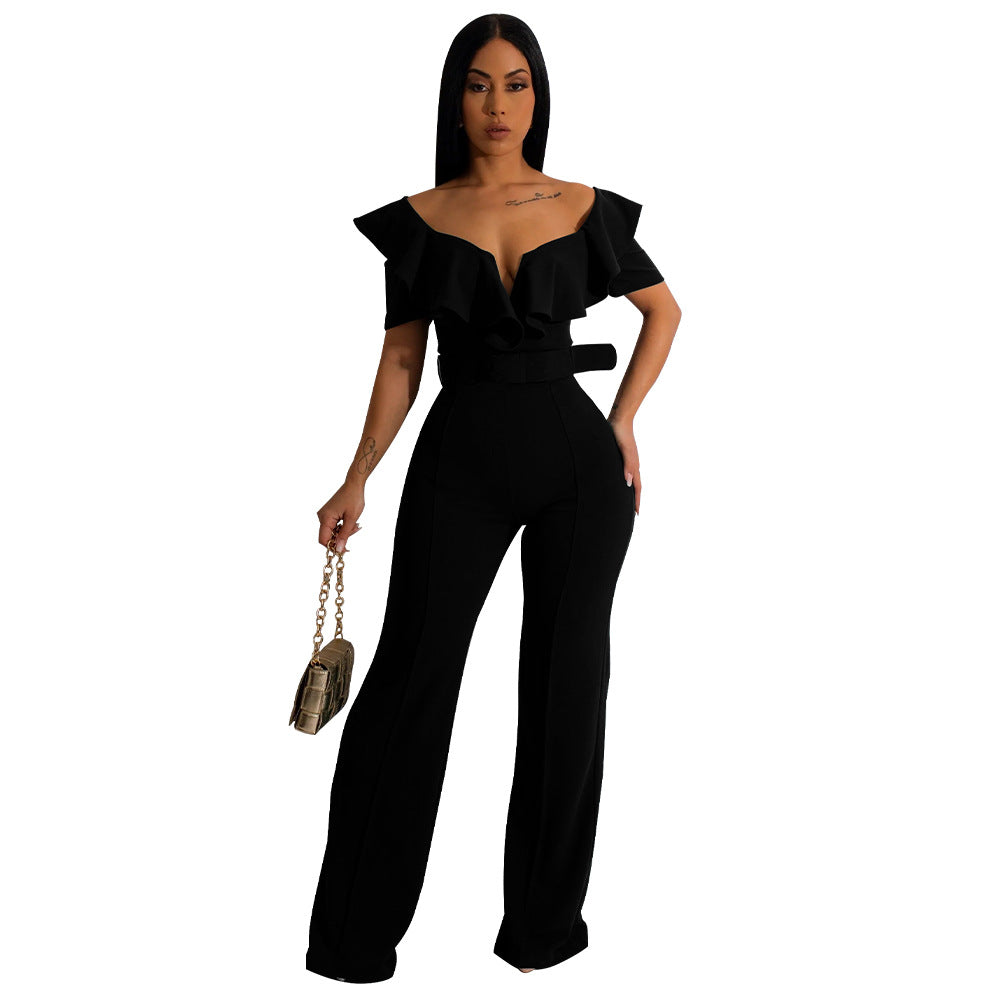 V-neck ruffled sexy waist cinching jumpsuit for women