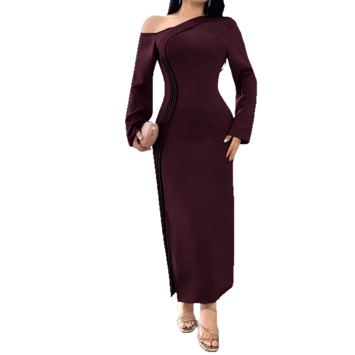 Elegant Red Asymmetrical Neck Long Sleeve Dress for Women Pleated Waist-Fitted Bodycon Style, Chic and Sophisticated Design