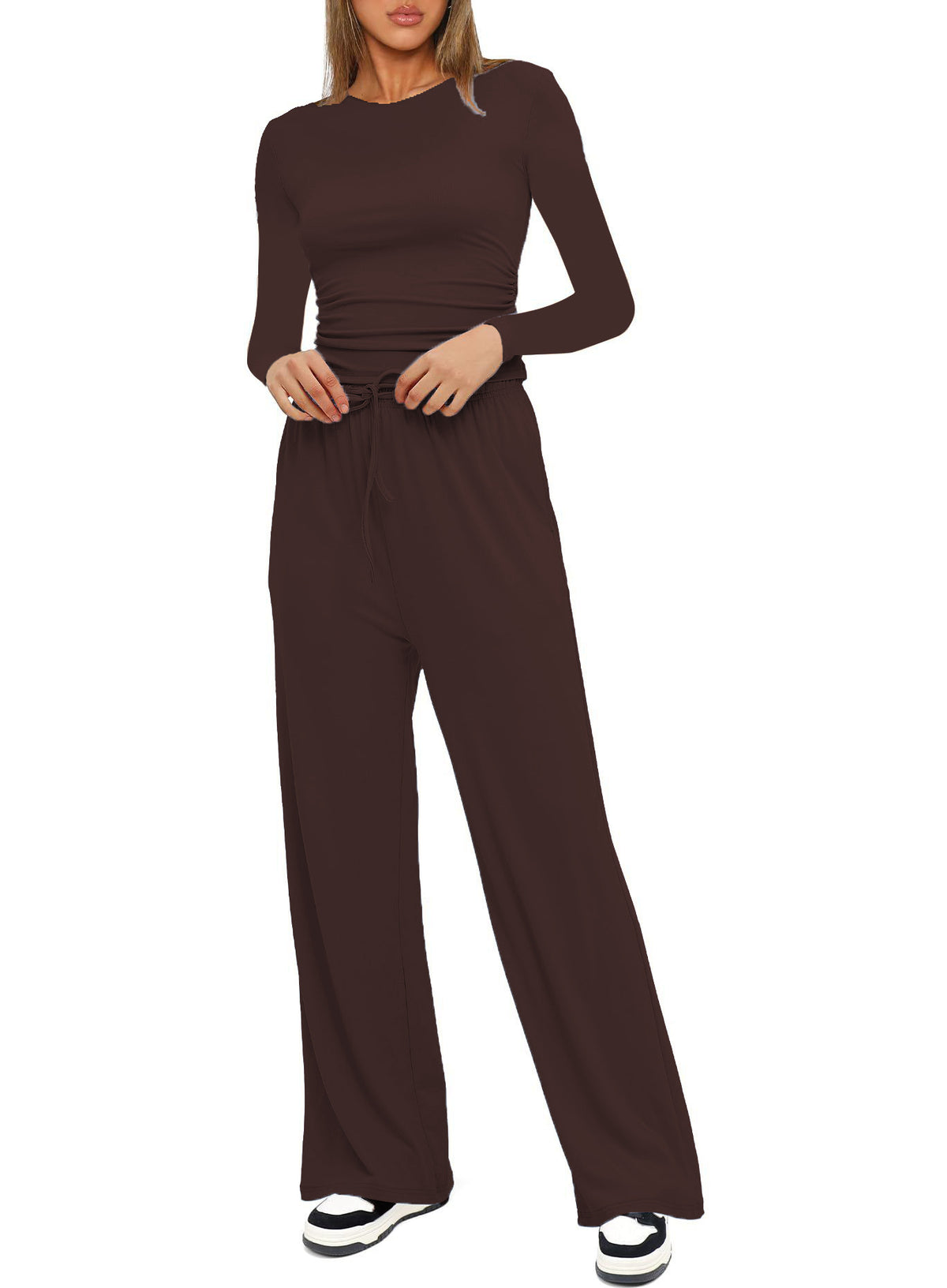 Casual Set Pleated Design Solid Color Long Sleeve Top High Waist Wide Leg Pants Sportswear