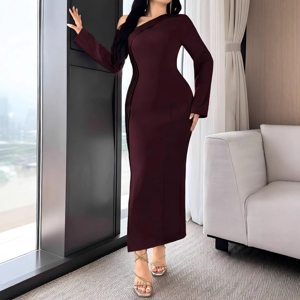 Elegant Red Asymmetrical Neck Long Sleeve Dress for Women Pleated Waist-Fitted Bodycon Style, Chic and Sophisticated Design
