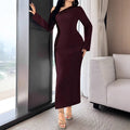 Elegant Red Asymmetrical Neck Long Sleeve Dress for Women Pleated Waist-Fitted Bodycon Style, Chic and Sophisticated Design
