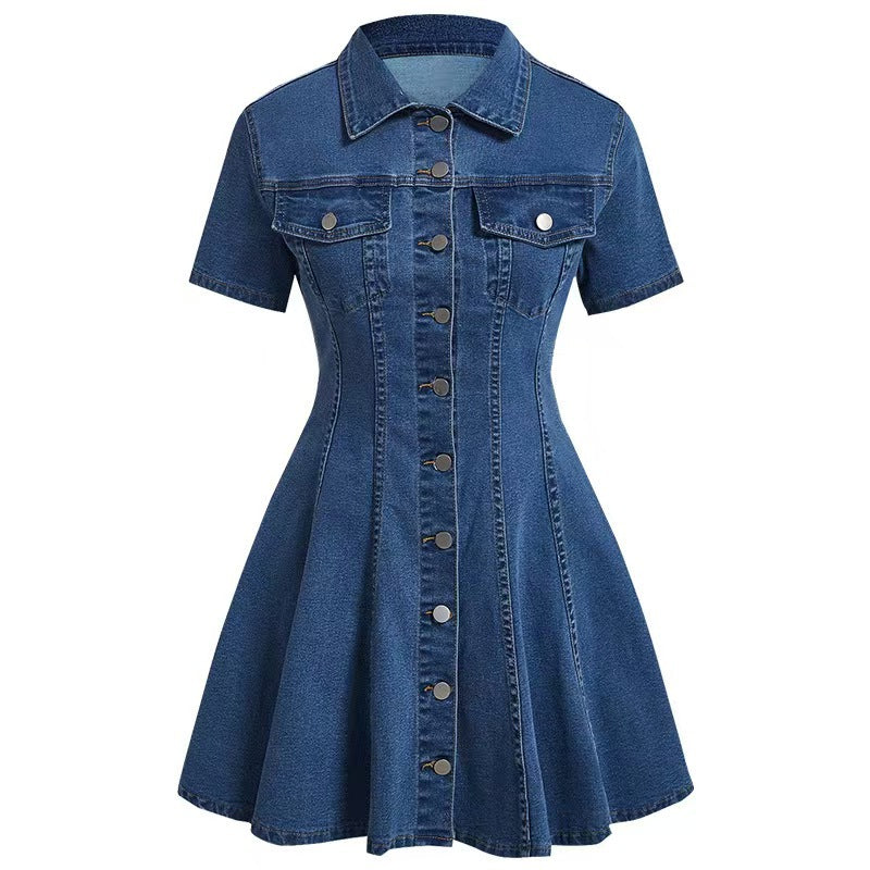 Western-style denim short-sleeve open-front fitted dress for women