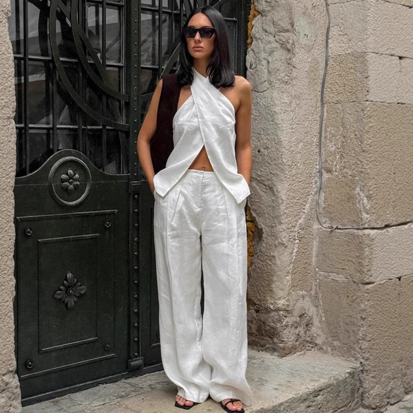 White Off-the-Shoulder Top and Pants Set for Women - Simple Casual Vest and Long Pants Two-Piece Outfit