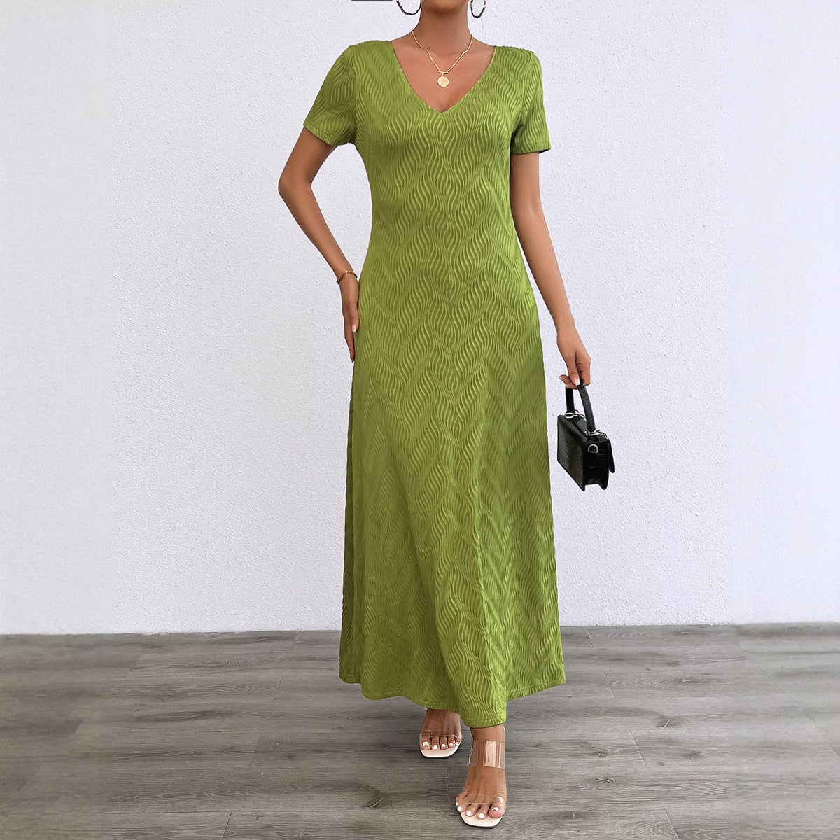 Solid Color Sexy Deep V-Neck Short Sleeve Long Dress for Women