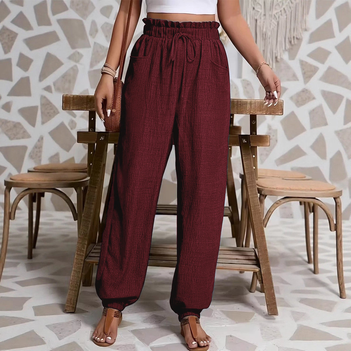 Elastic solid color pants for women