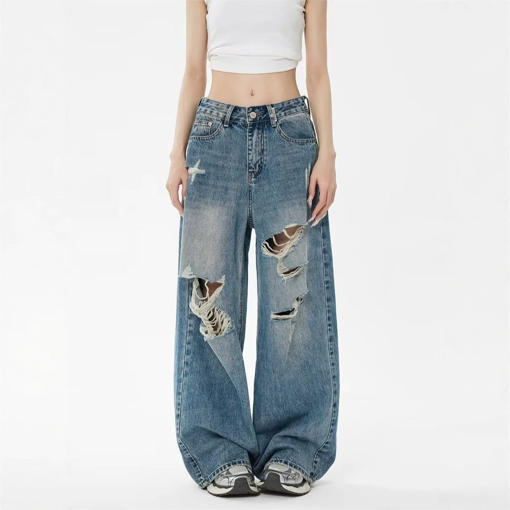 Vintage Blue Ripped Washed Denim Pants Women Leg Pants
