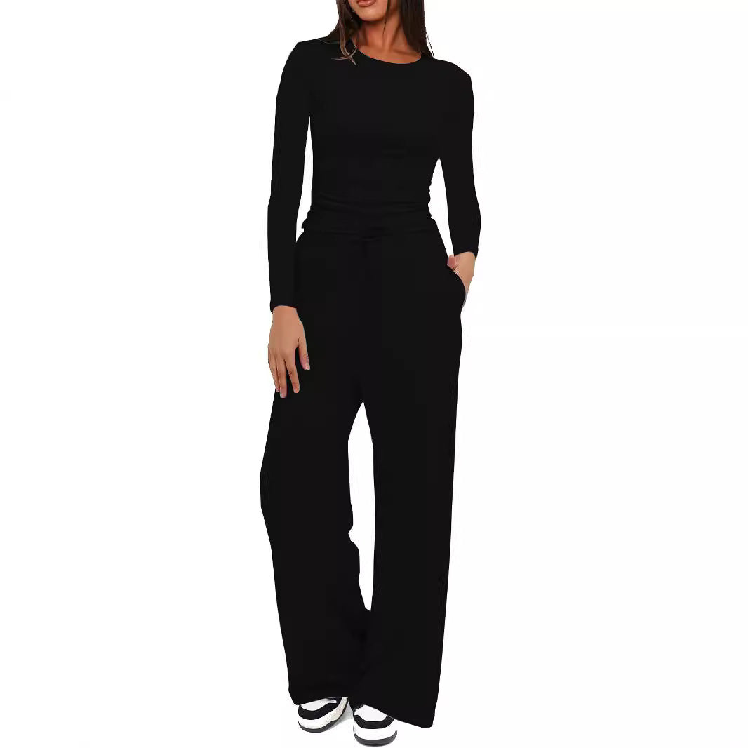 Casual Set Pleated Design Solid Color Long Sleeve Top High Waist Wide Leg Pants Sportswear