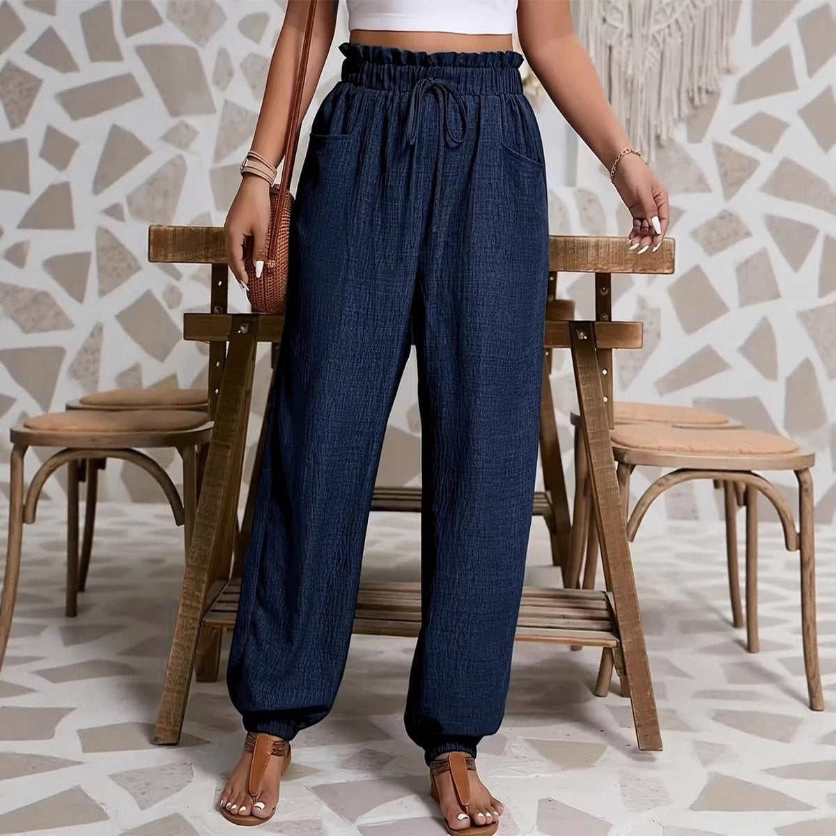 Elastic solid color pants for women