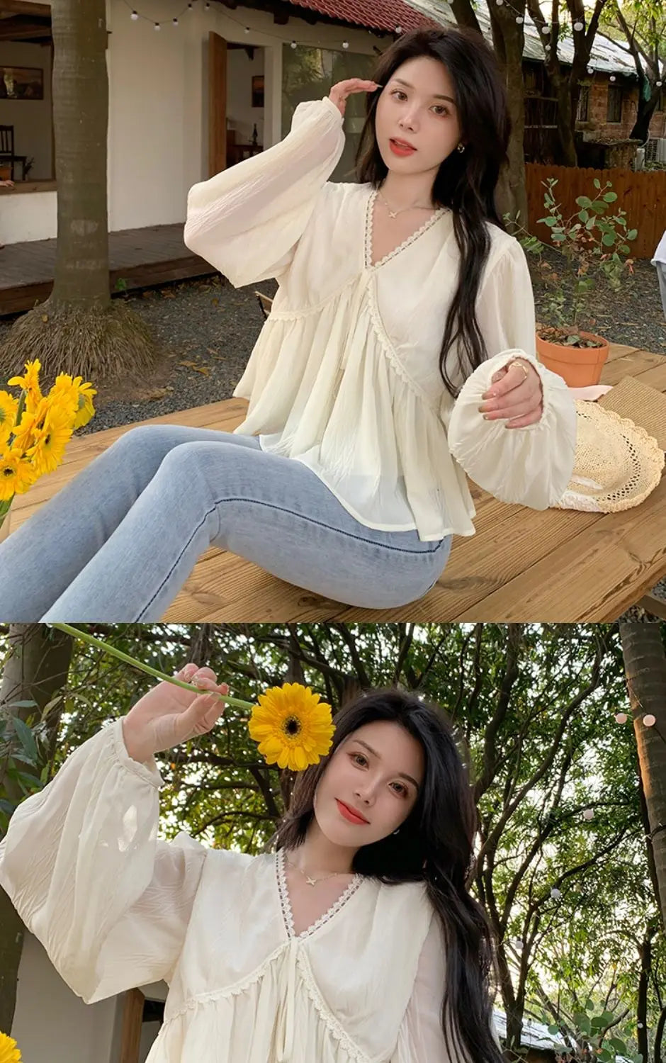 🎀✨ **Vintage V-Neck Long Sleeve Blouse 🤍🌷**