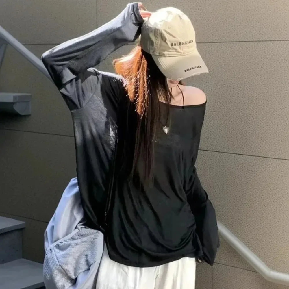 Sexy Sheer Baggy T-shirt for Women 2026 Casual Fashion Loose Pullovers Chic Lazy Solid Color Off Shoulder Top Streetwear