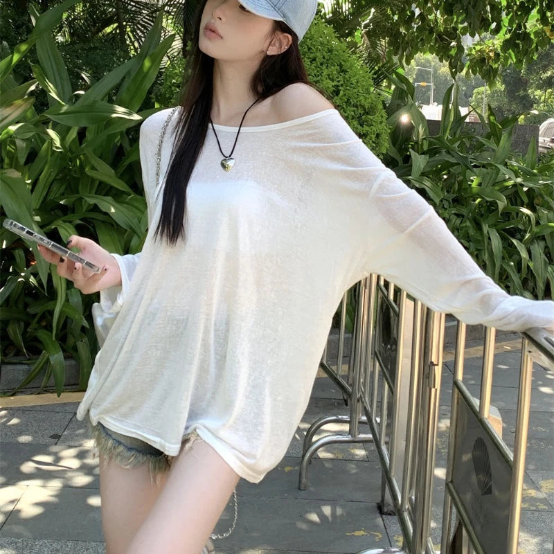 🎀✨ **Sheer Off-Shoulder Oversized Top 💕**