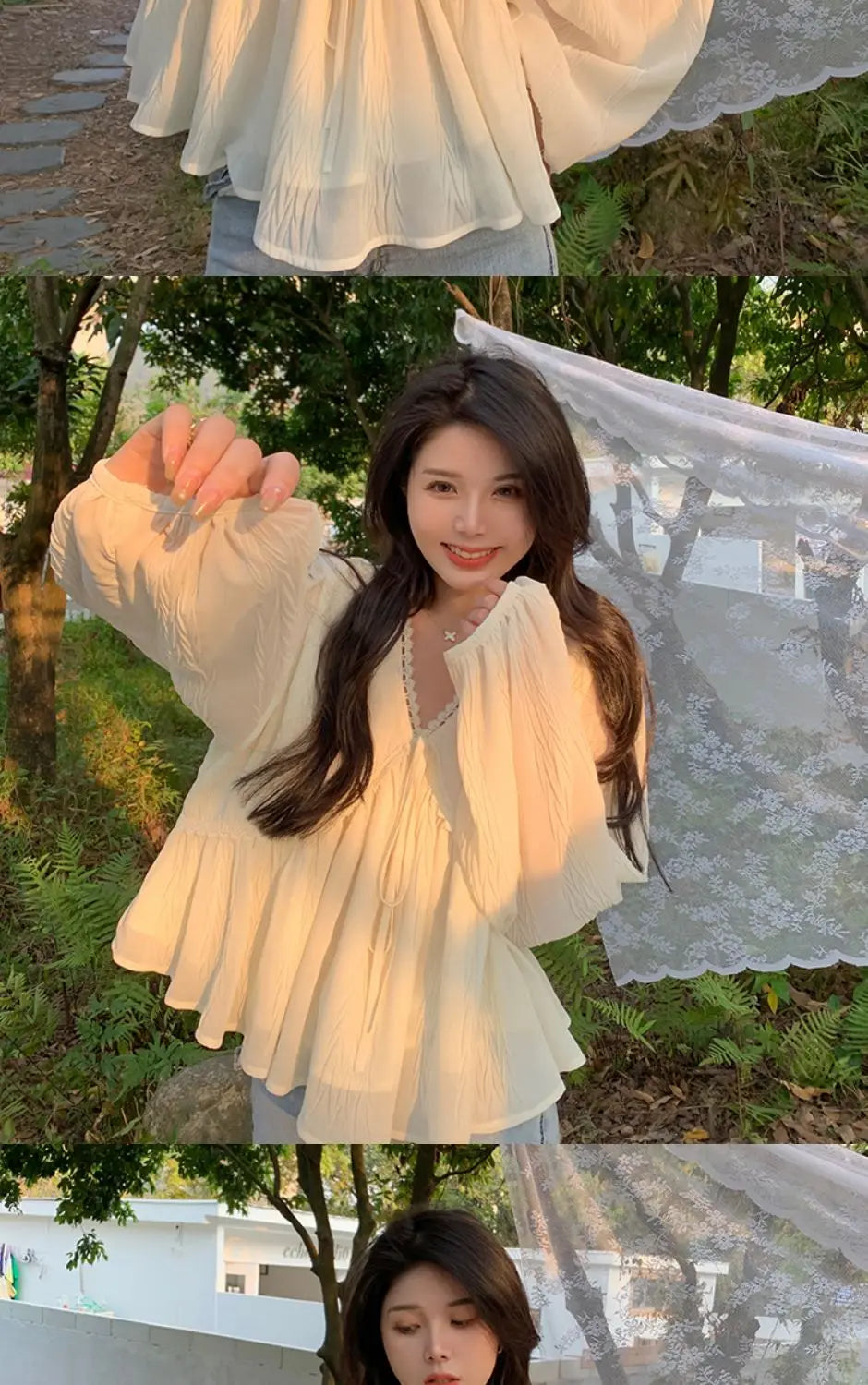 🎀✨ **Vintage V-Neck Long Sleeve Blouse 🤍🌷**