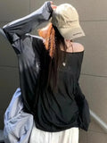Sexy Sheer Baggy T-shirt for Women 2026 Casual Fashion Loose Pullovers Chic Lazy Solid Color Off Shoulder Top Streetwear