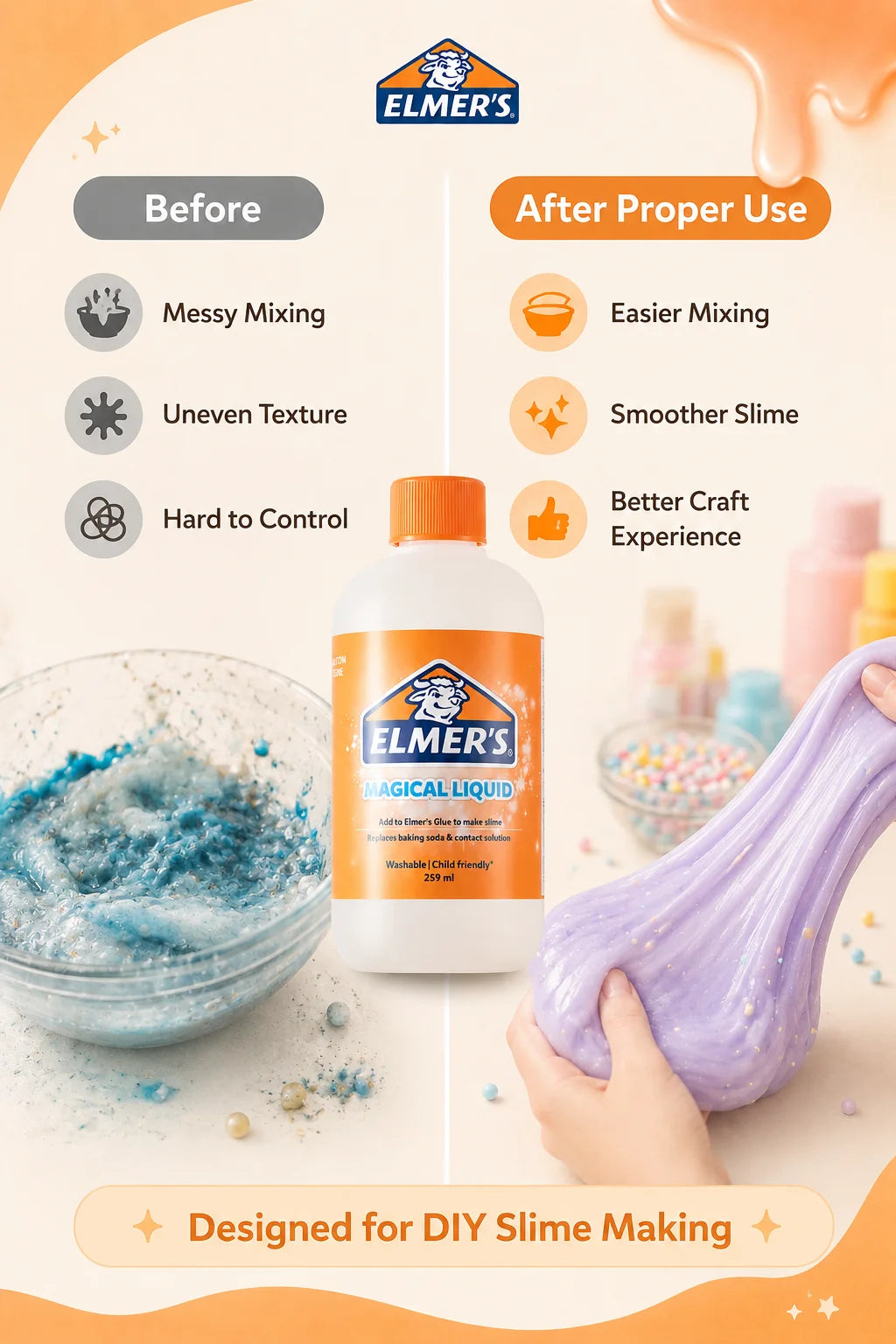 ELMER'S Magical Liquid Slime Activator Washable Clear Mixing Solution For DIY Slime Making Kids School Craft 259ml