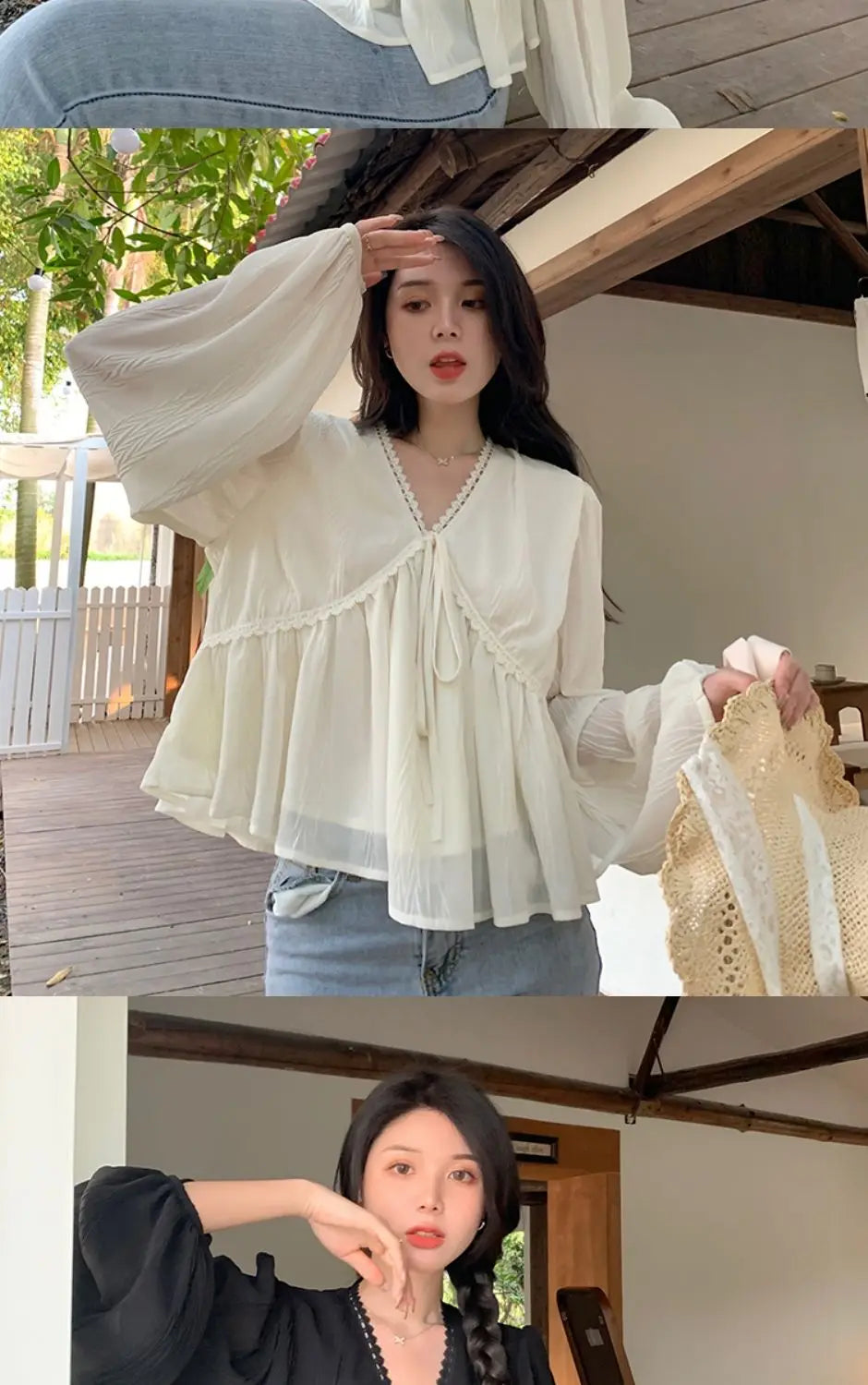 🎀✨ **Vintage V-Neck Long Sleeve Blouse 🤍🌷**