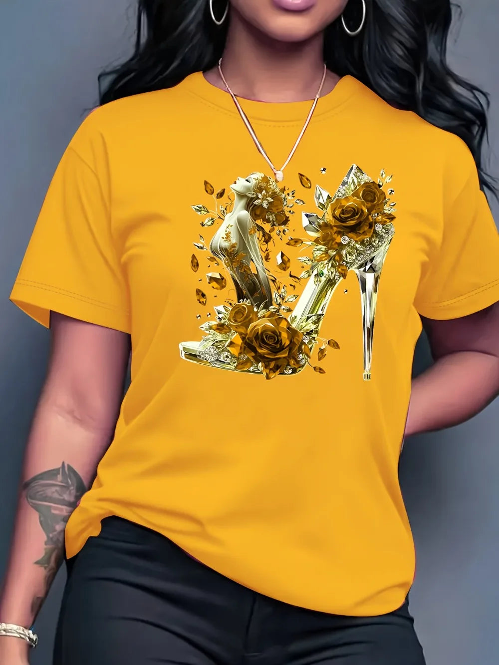 Short Sleeve Crew Neck Vibrant Crystal High Heel Rose Graphic Print Women's T-Shirt Urban Style Printed Design in Vibrant Colors