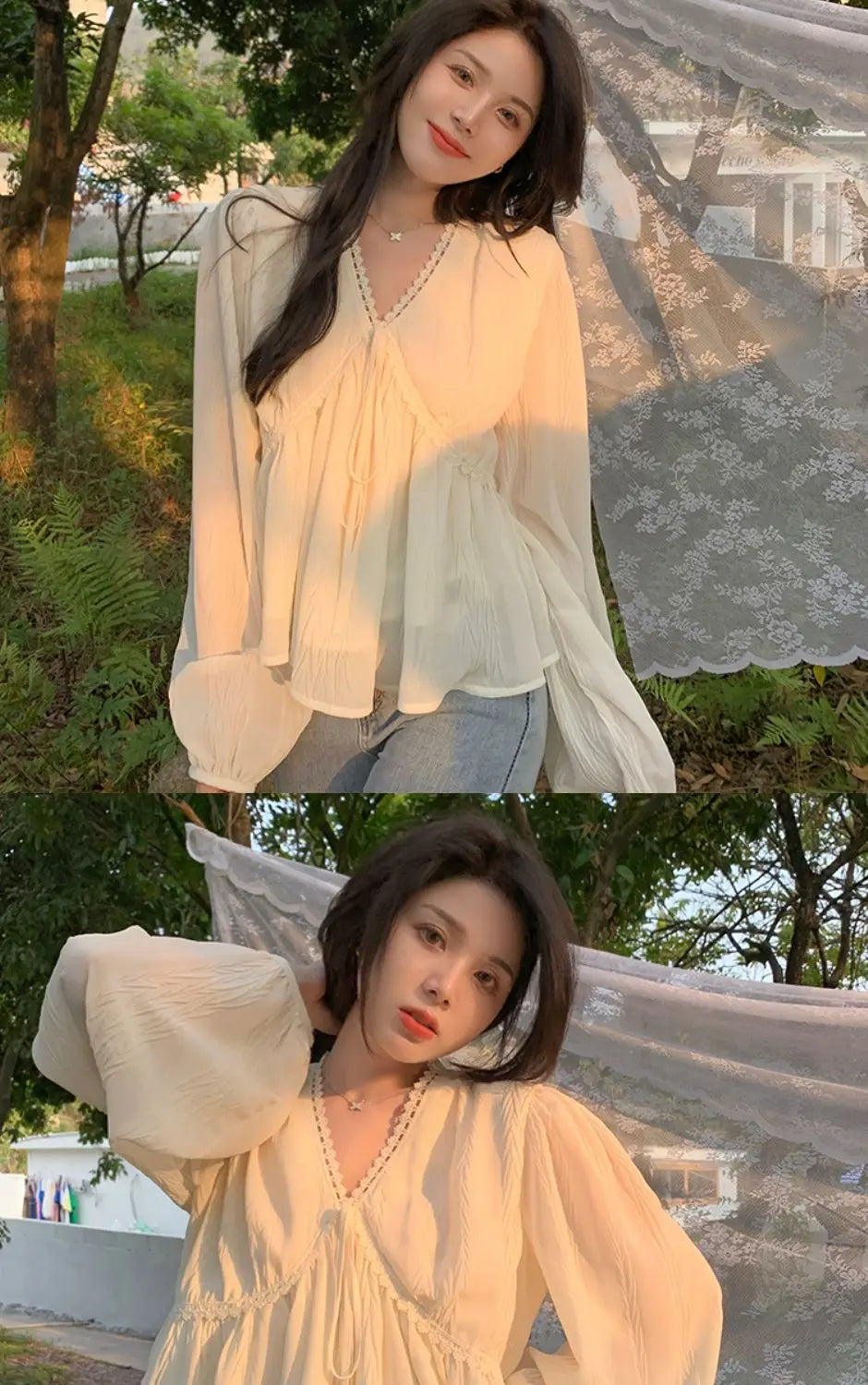 🎀✨ **Vintage V-Neck Long Sleeve Blouse 🤍🌷**