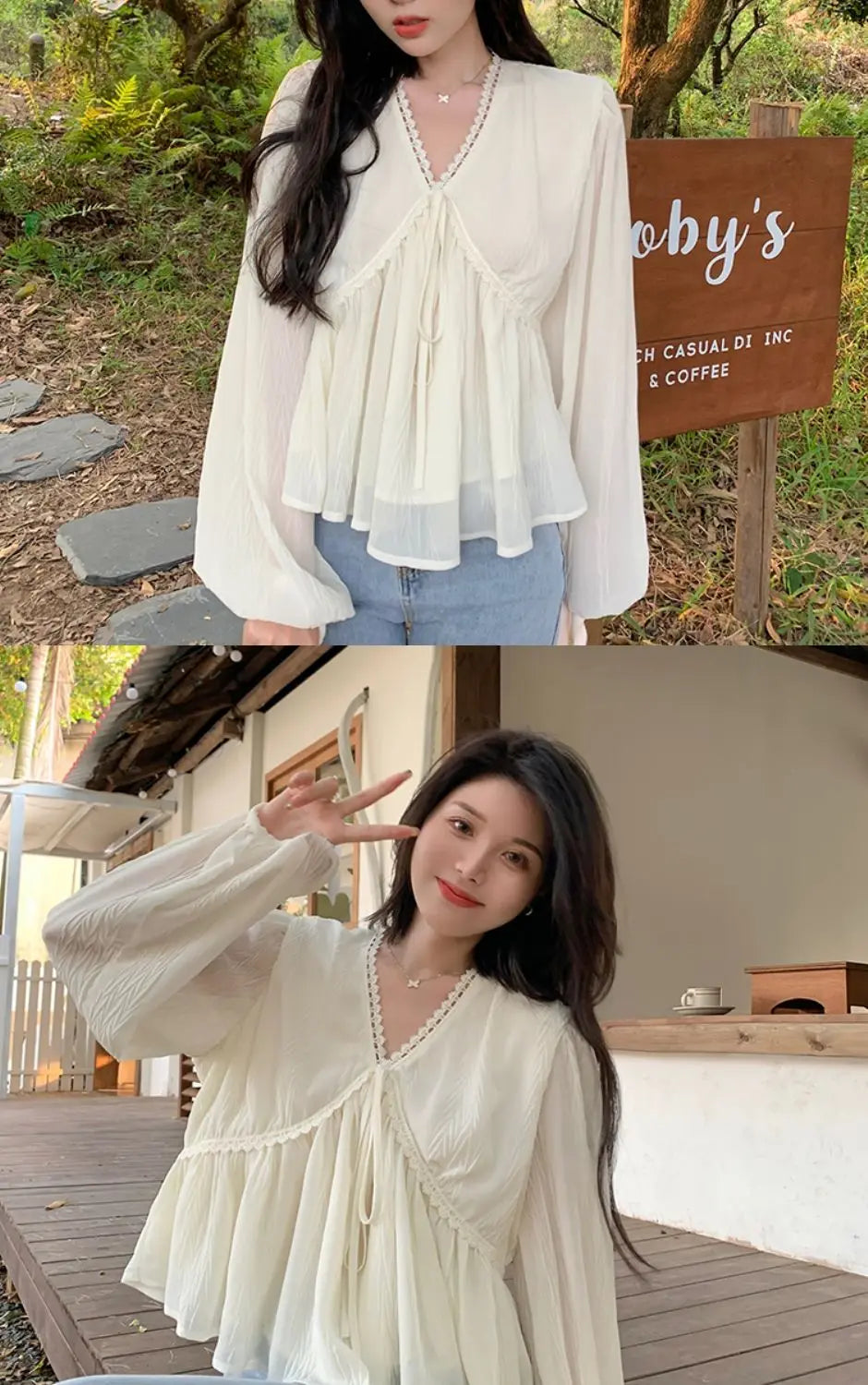 🎀✨ **Vintage V-Neck Long Sleeve Blouse 🤍🌷**