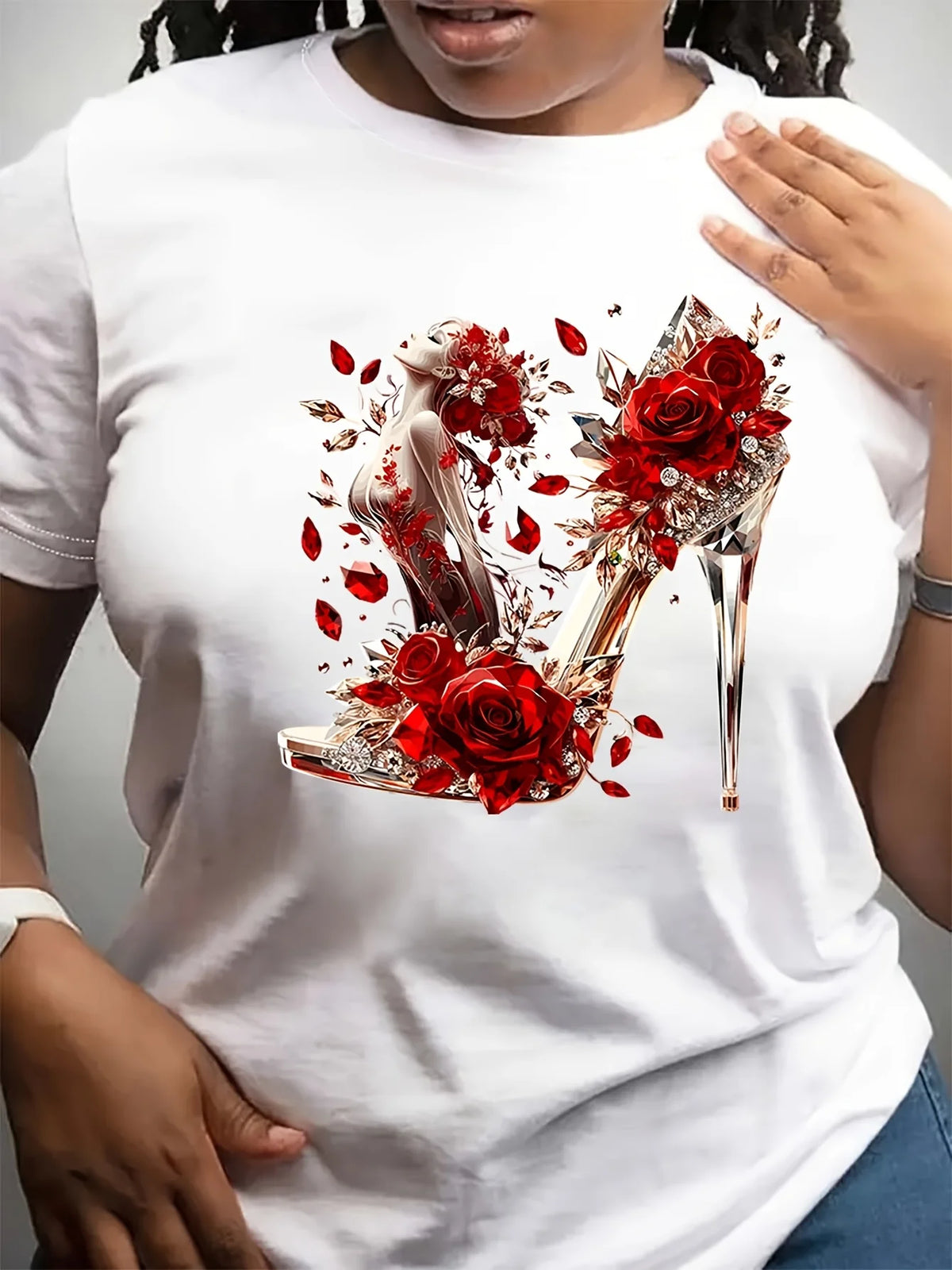 Short Sleeve Crew Neck Vibrant Crystal High Heel Rose Graphic Print Women's T-Shirt Urban Style Printed Design in Vibrant Colors