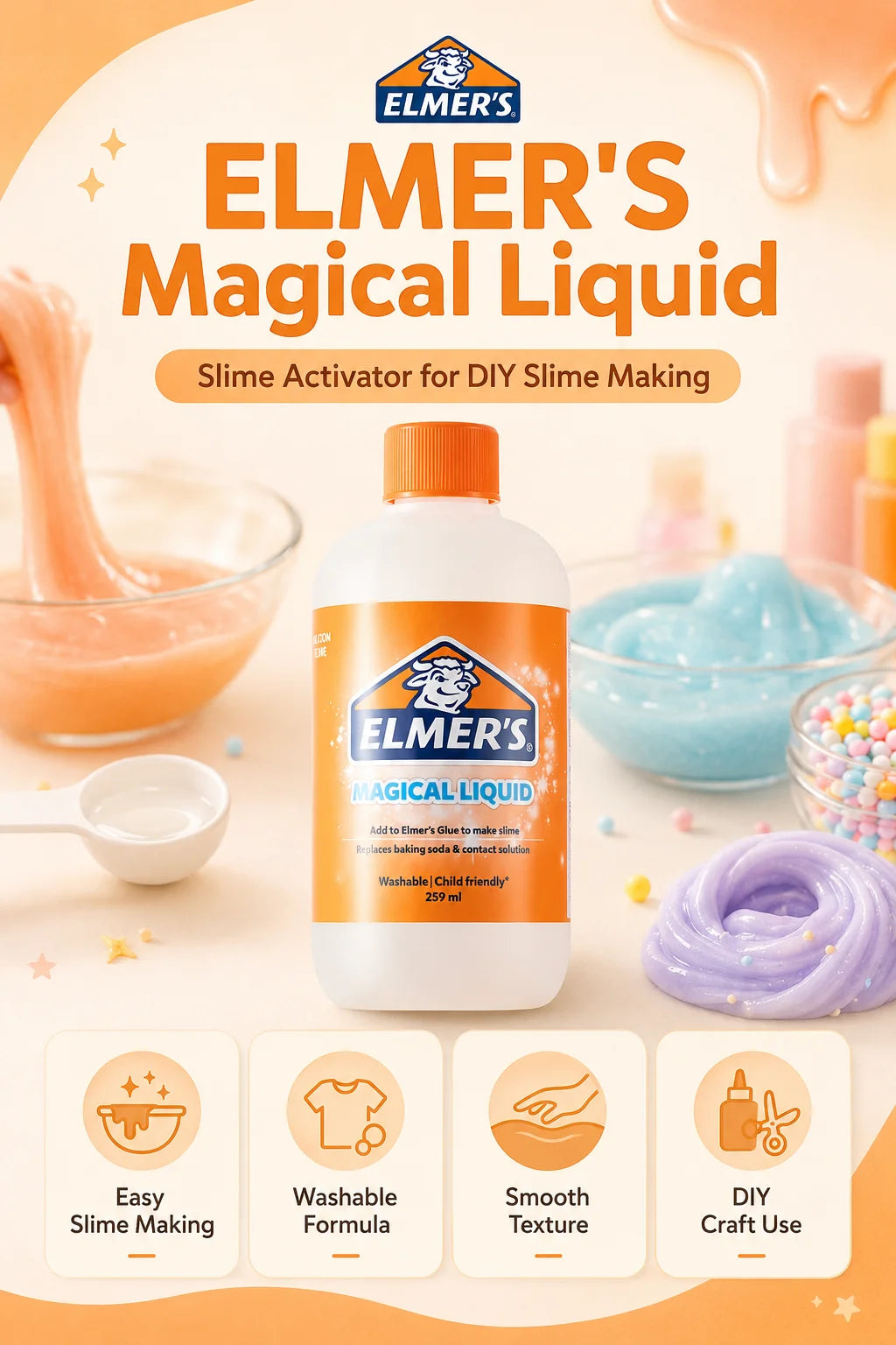 ELMER'S Magical Liquid Slime Activator Washable Clear Mixing Solution For DIY Slime Making Kids School Craft 259ml