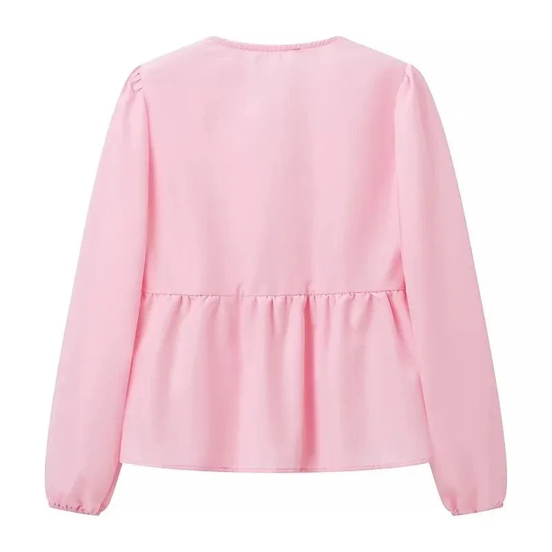 HH Shirts For Women Elegant Front Bow Tie Solid Blouse Puff Sleeve Spring Summer Casual Beach Vacation Streetwear Party Top