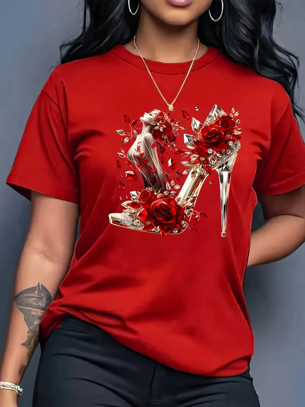 Short Sleeve Crew Neck Vibrant Crystal High Heel Rose Graphic Print Women's T-Shirt Urban Style Printed Design in Vibrant Colors