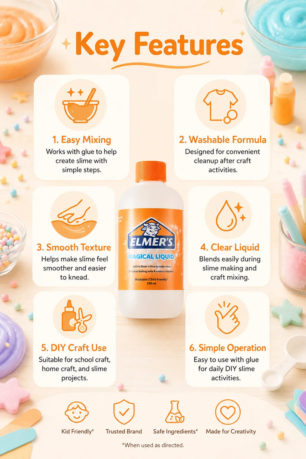 ELMER'S Magical Liquid Slime Activator Washable Clear Mixing Solution For DIY Slime Making Kids School Craft 259ml