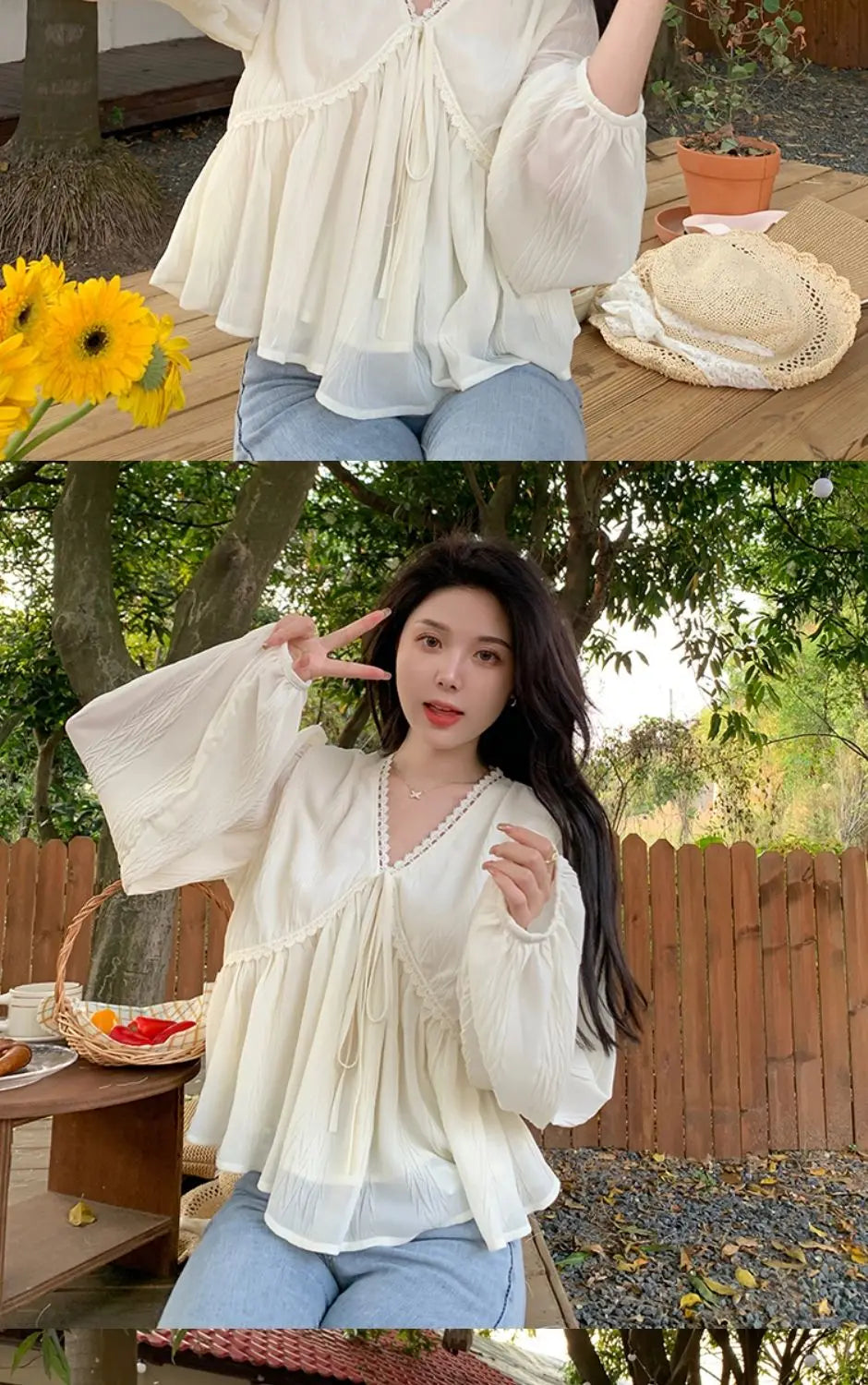 🎀✨ **Vintage V-Neck Long Sleeve Blouse 🤍🌷**