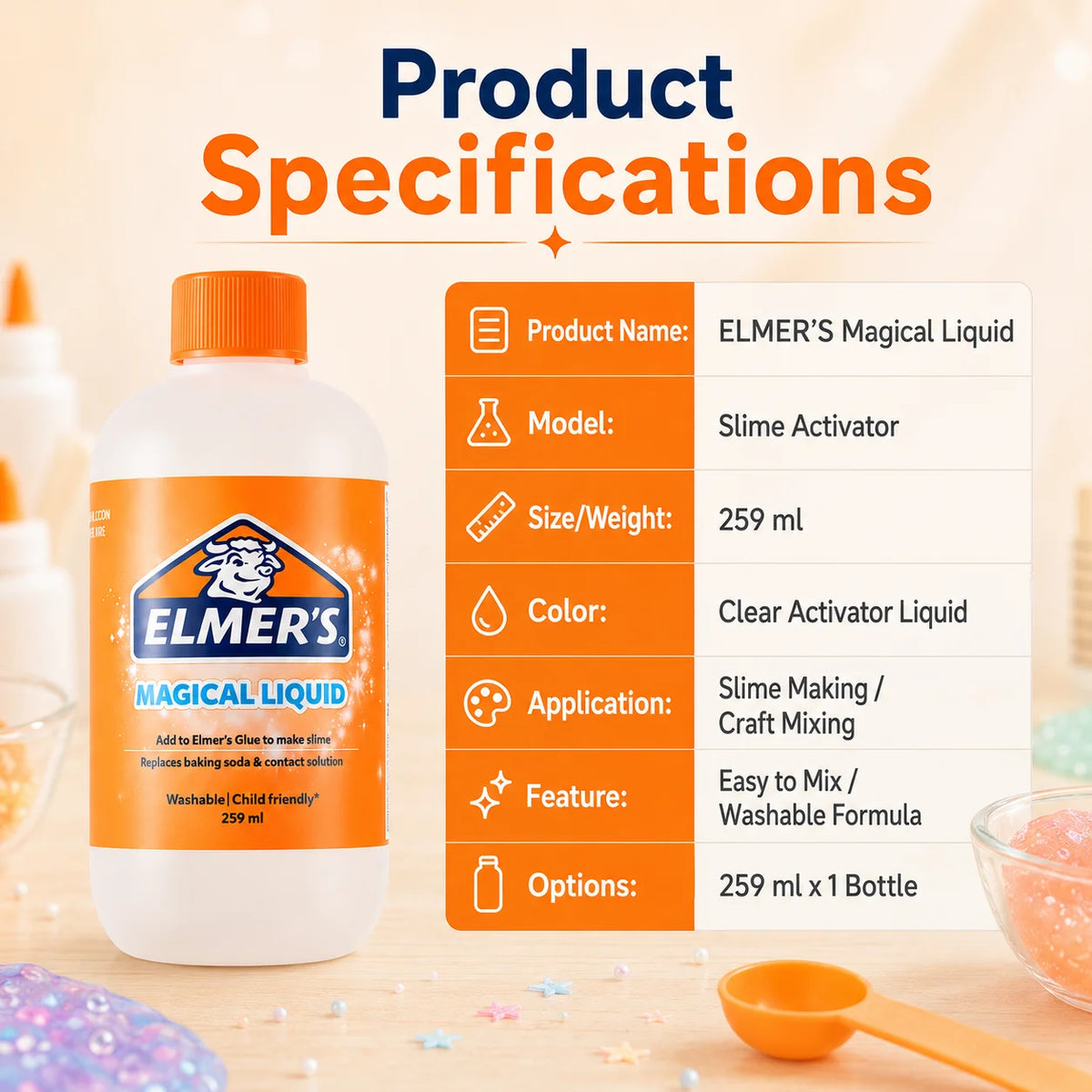 ELMER'S Magical Liquid Slime Activator Washable Clear Mixing Solution For DIY Slime Making Kids School Craft 259ml