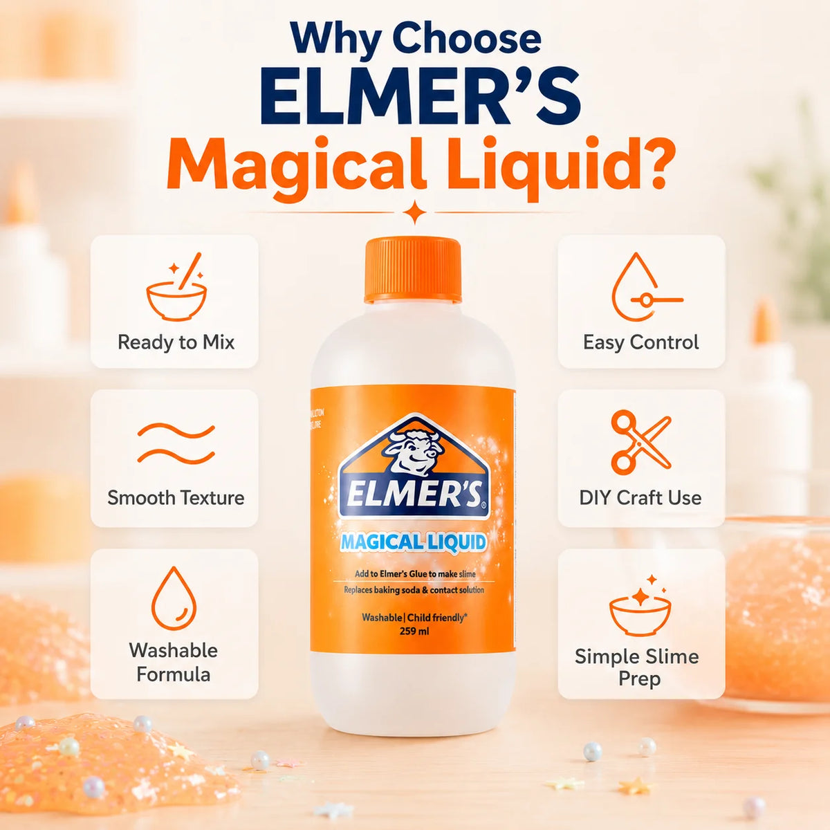 ELMER'S Magical Liquid Slime Activator Washable Clear Mixing Solution For DIY Slime Making Kids School Craft 259ml