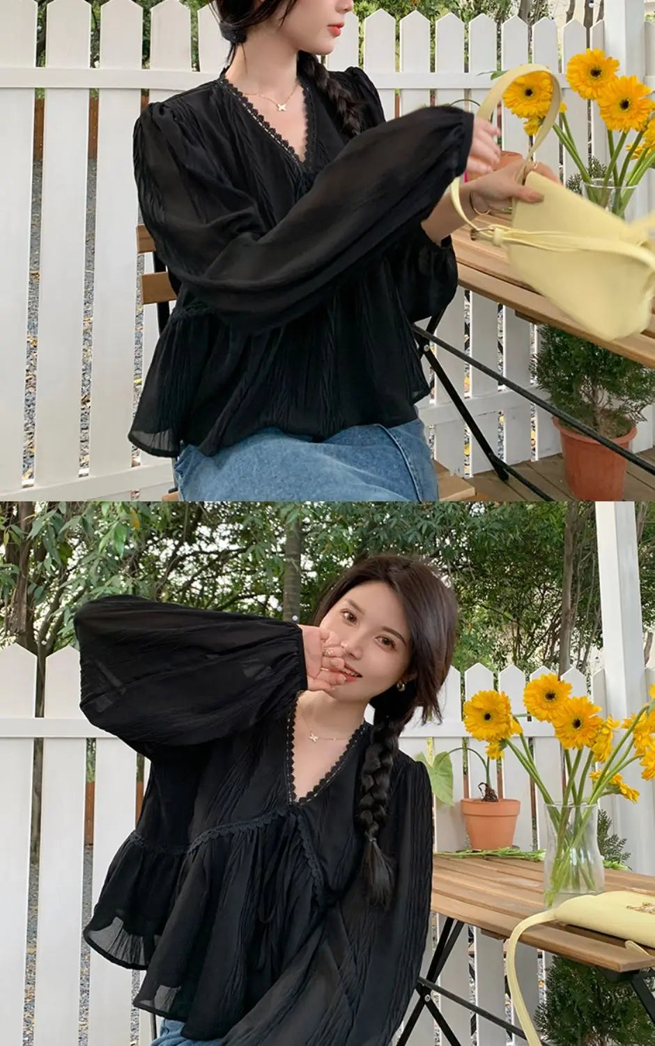 🎀✨ **Vintage V-Neck Long Sleeve Blouse 🤍🌷**