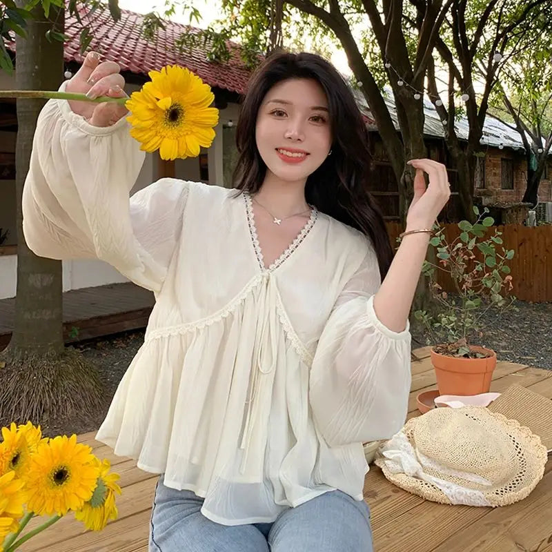 🎀✨ **Vintage V-Neck Long Sleeve Blouse 🤍🌷**