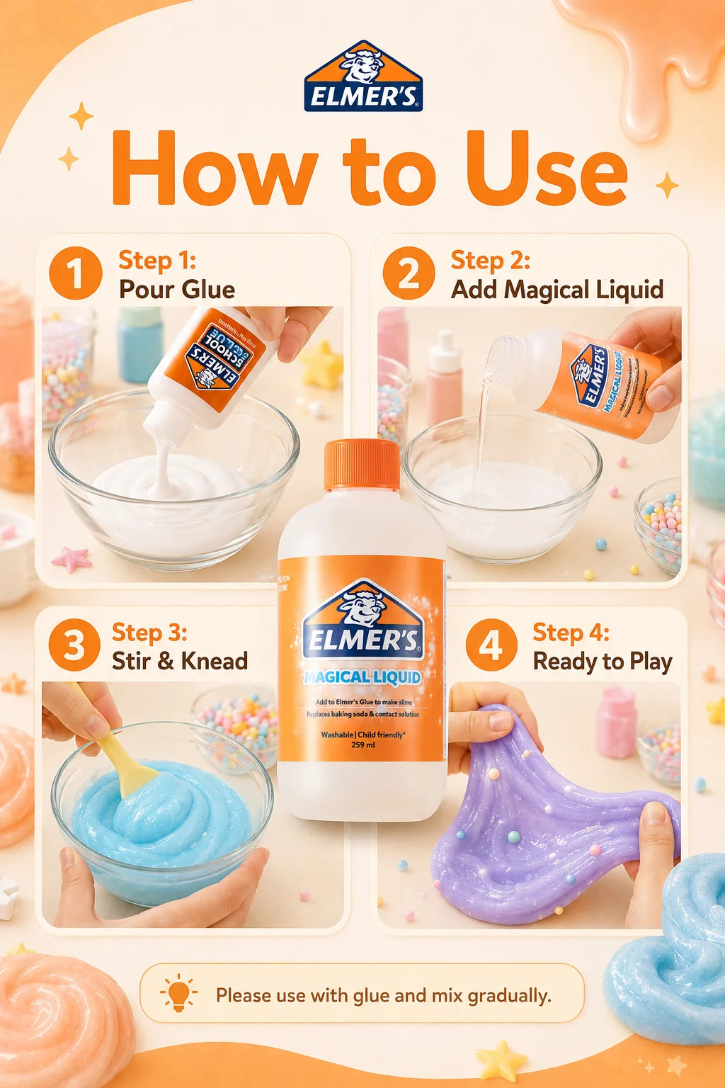 ELMER'S Magical Liquid Slime Activator Washable Clear Mixing Solution For DIY Slime Making Kids School Craft 259ml