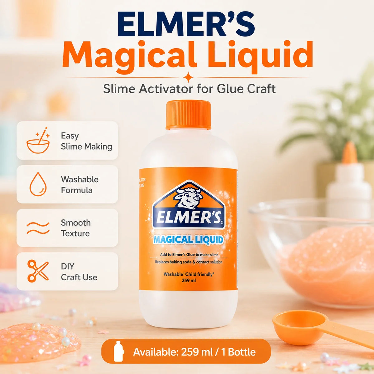 ELMER'S Magical Liquid Slime Activator Washable Clear Mixing Solution For DIY Slime Making Kids School Craft 259ml