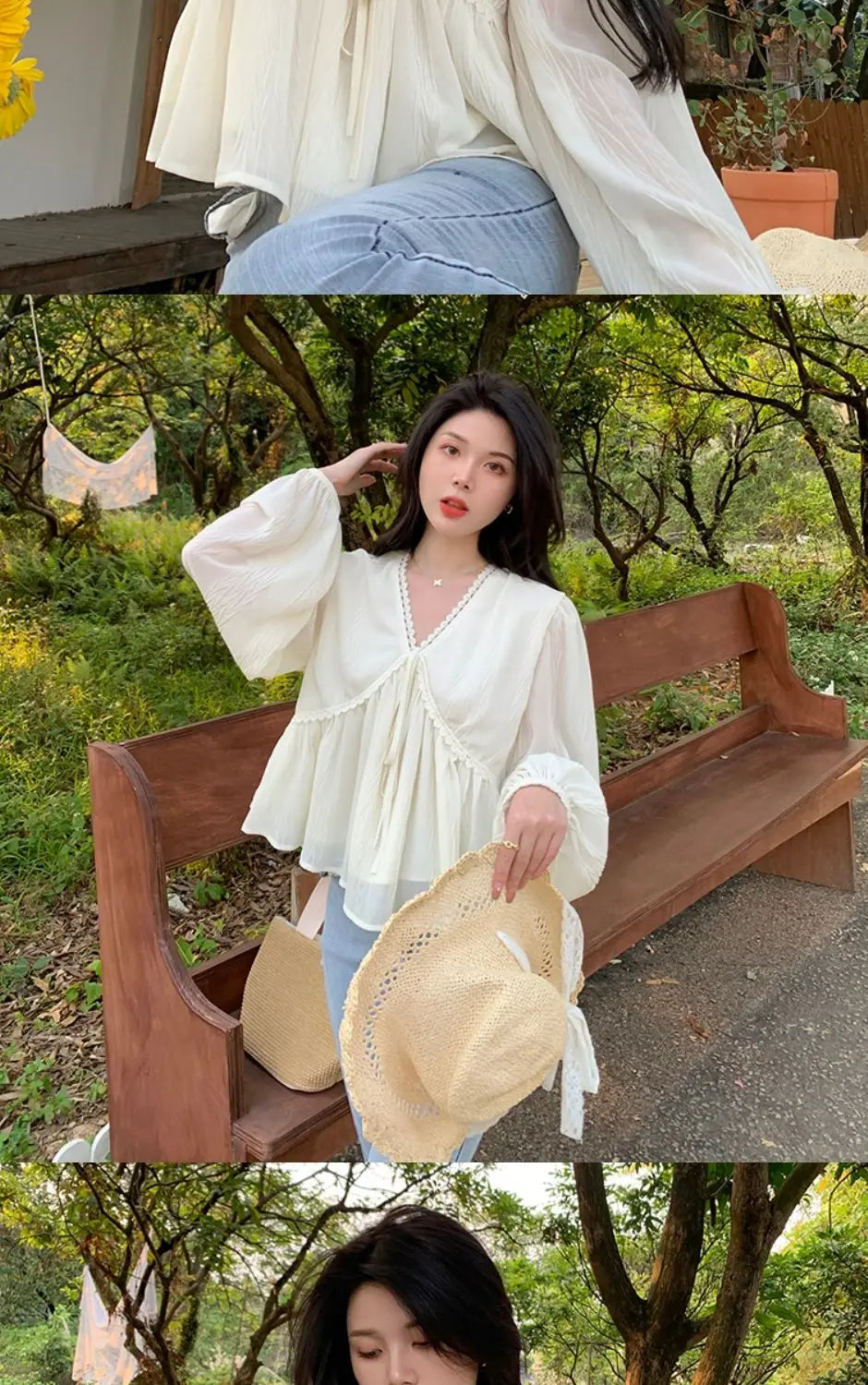 🎀✨ **Vintage V-Neck Long Sleeve Blouse 🤍🌷**