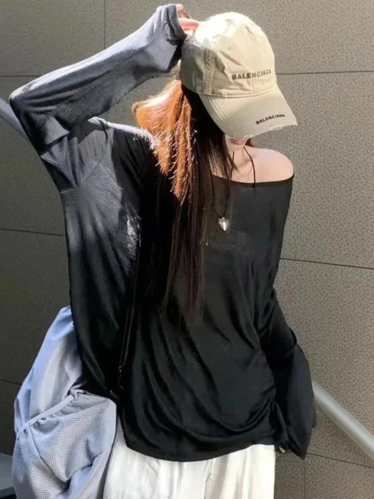 🎀✨ **Sheer Off-Shoulder Oversized Top 💕**