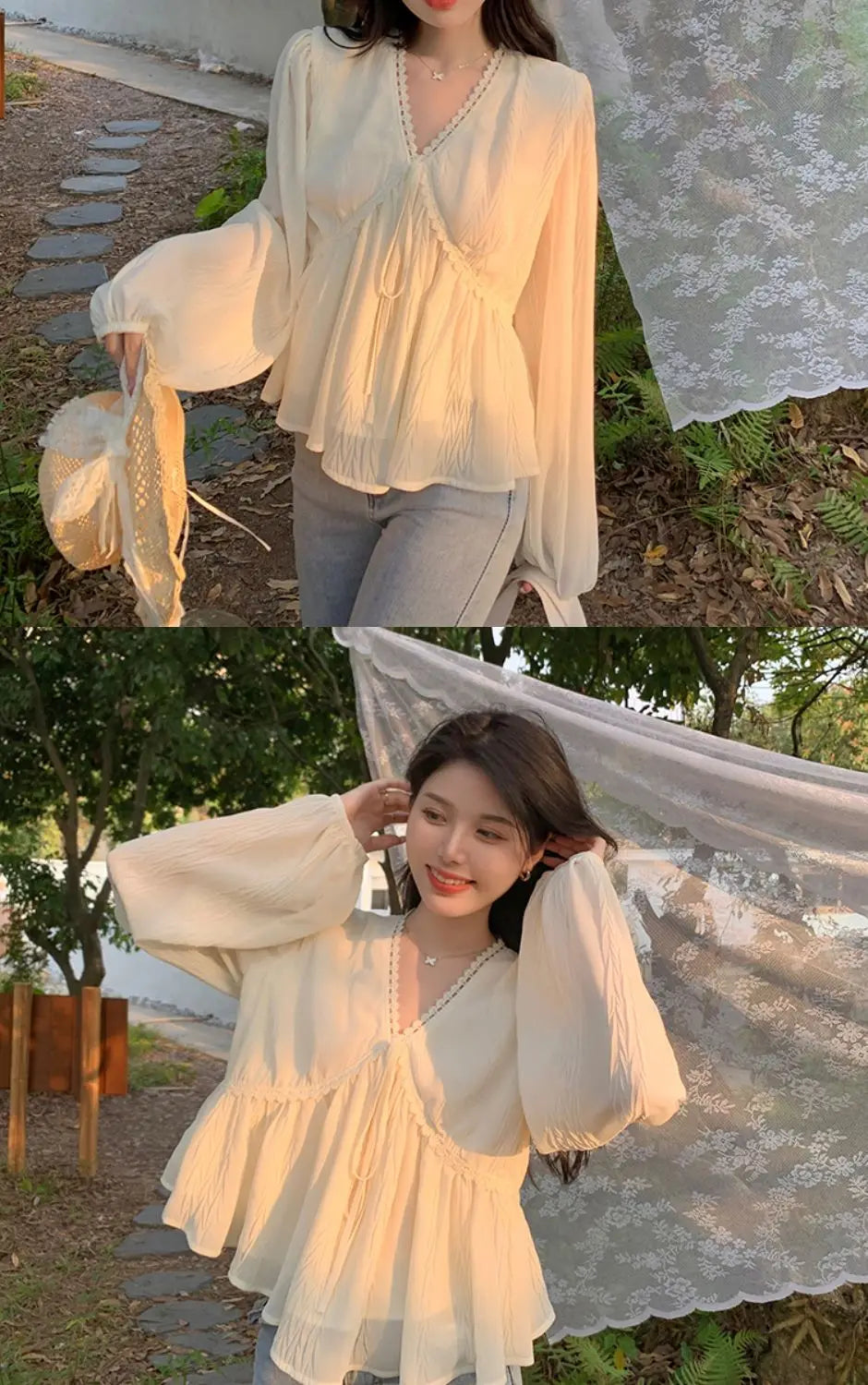 🎀✨ **Vintage V-Neck Long Sleeve Blouse 🤍🌷**