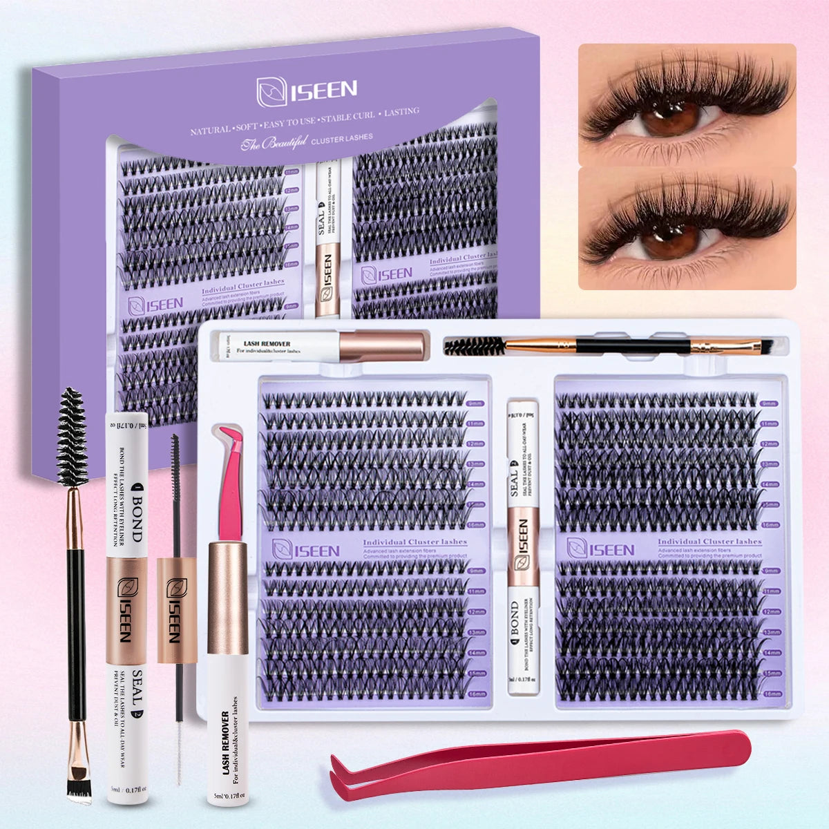 ISEEN DIY Eyelash Extension Kit Cluster Mix Eyelashes Full Set Lashes Kit with Lash Bond & Seal and Eyelash Tweezers and Brush