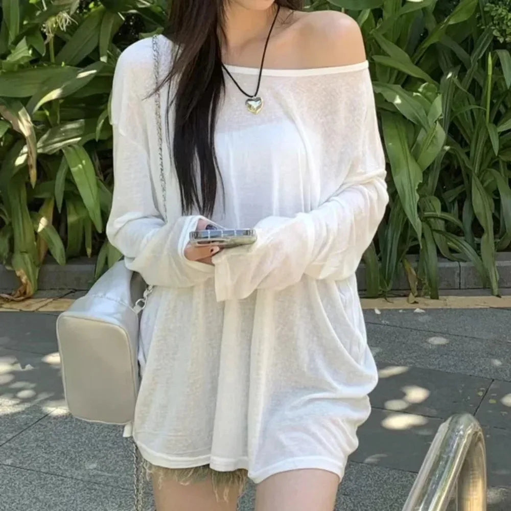 Sexy Sheer Baggy T-shirt for Women 2026 Casual Fashion Loose Pullovers Chic Lazy Solid Color Off Shoulder Top Streetwear