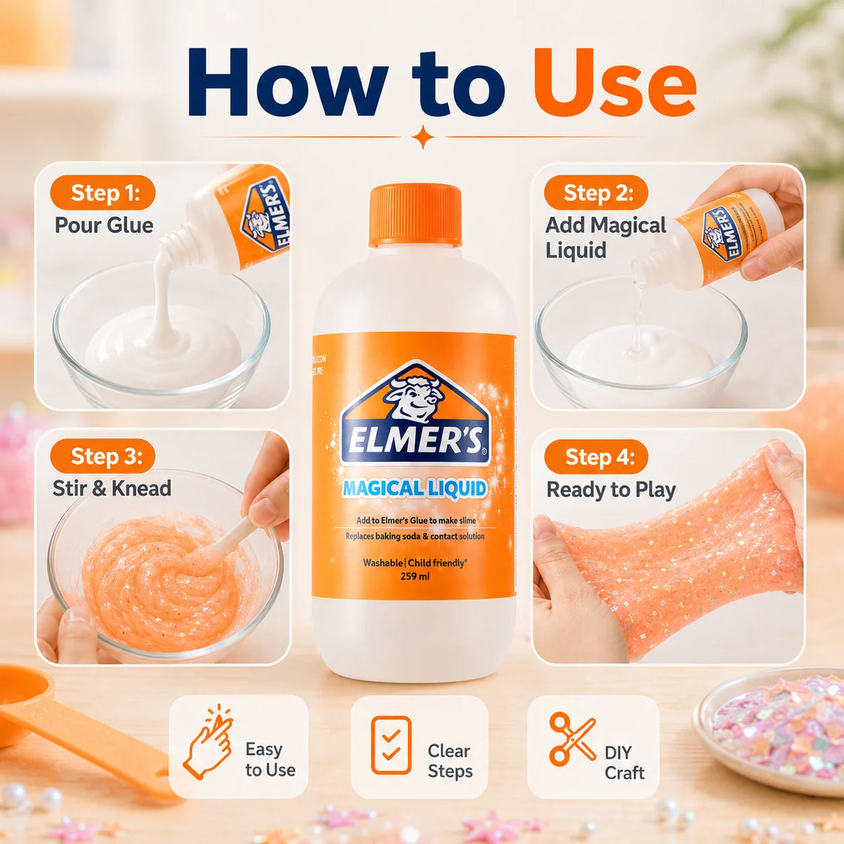 ELMER'S Magical Liquid Slime Activator Washable Clear Mixing Solution For DIY Slime Making Kids School Craft 259ml