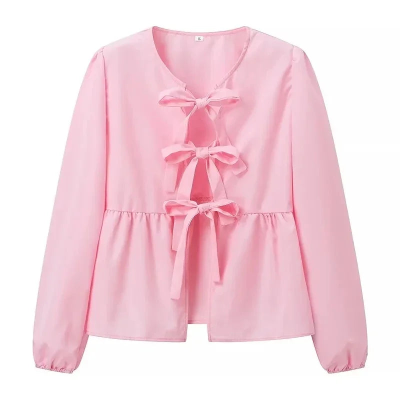 HH Shirts For Women Elegant Front Bow Tie Solid Blouse Puff Sleeve Spring Summer Casual Beach Vacation Streetwear Party Top