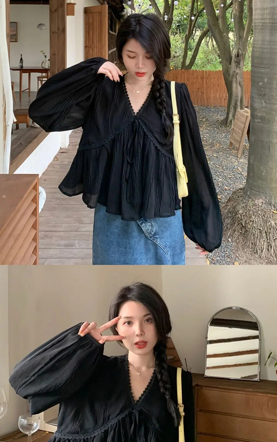 🎀✨ **Vintage V-Neck Long Sleeve Blouse 🤍🌷**